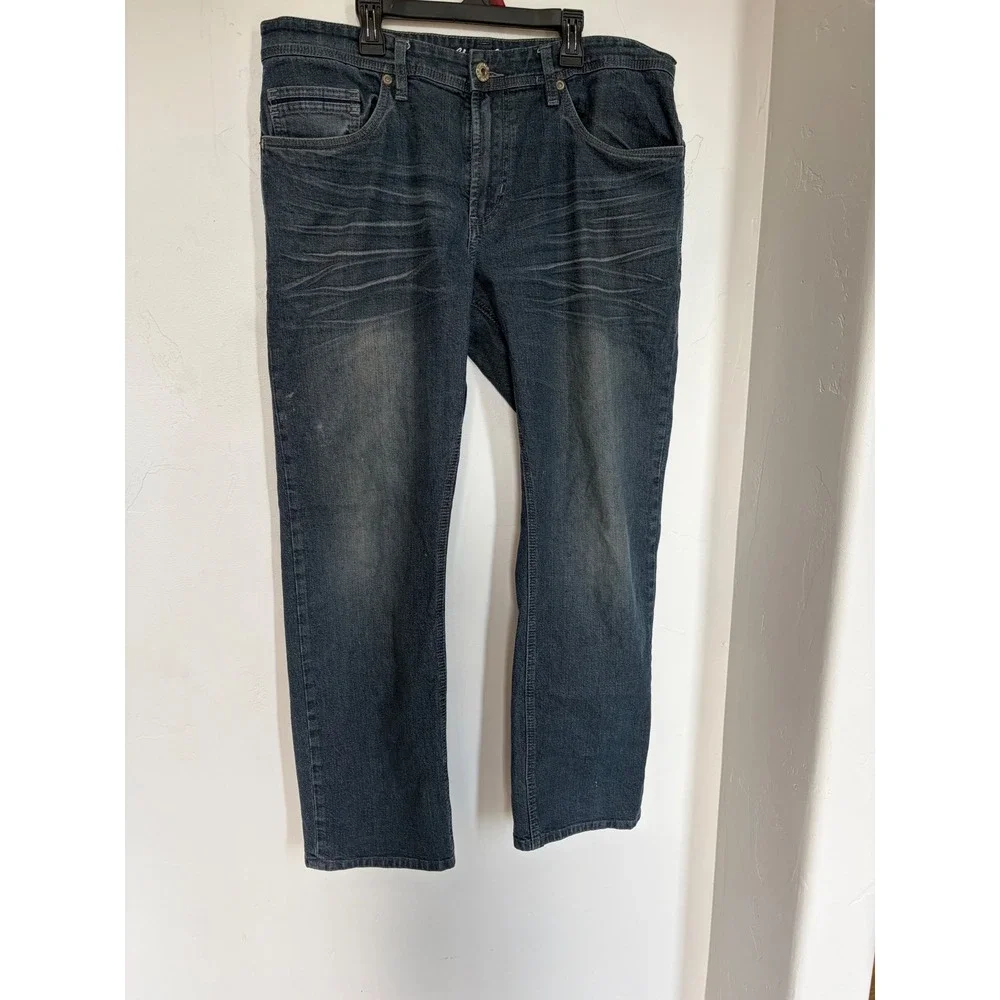 I Jeans by Buffalo Mens 36x30 Dark Wash Straight Leg Denim Blue Jeans Whiskered